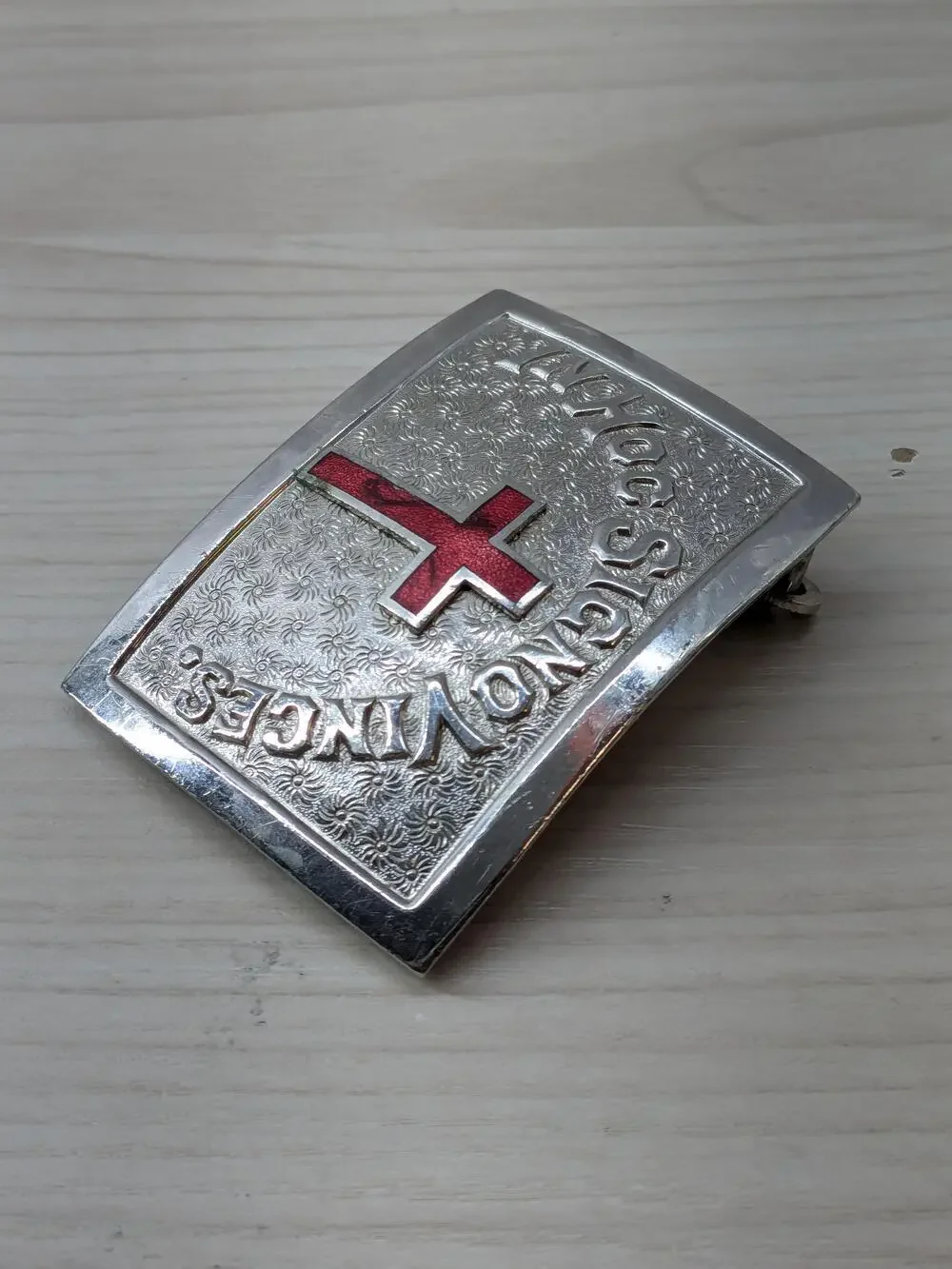 In Hoc Signo Vinces Belt Buckle Mens Silver Red Cross Enamel Masonic Templar